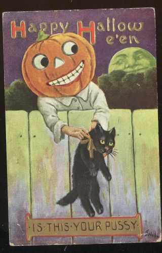 1910 Happy Halloween Pc,  Black Cat - Man In Moon - Pumpkin Man,  