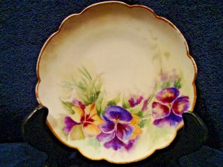 Decorative Porcelain Plate Made In France With Purple And Yellow Pansies