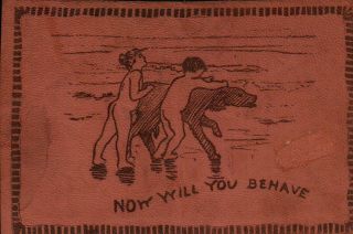 Now Will You Behave Children & Dog Vintage Leather Postcard