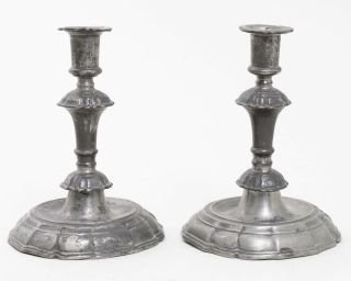Set Of 2 Antique German Pewter Candle Stick Holders 6.  25 " Tall Touch Mark Angel