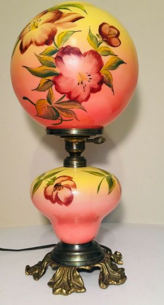 Antique Banquet Oil Lamp Hand Painted Floral Gone With The Wind.  Pre Owned