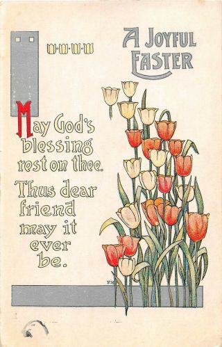 Lovely Tulips On Old Art Deco Easter Motto Postcard - Series No.  9106