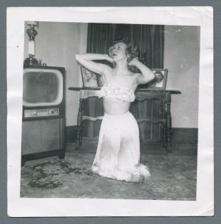 Woman On Knees Risque Posing In Grass Skirt Swimsuit Vintage Snapshot Photo