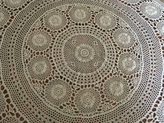Antique Hand Crocheted Round Tablecloth 56 X 58
