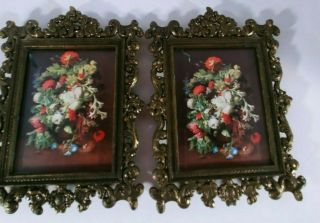Vintage Ornate Brass Metal Picture Frame 4x 5 & 1/2 " - Flowers - Made In Italy