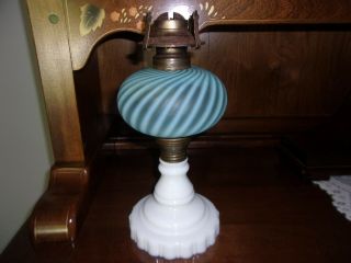 Antique Blue Opalescent Frosted Swirl Glass Oil Lamp,  Milk Or Opaque Glass Base
