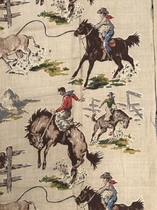 Vintage 1950’s Barkcloth Cowboys Wild West Bronco Curtains Drapes