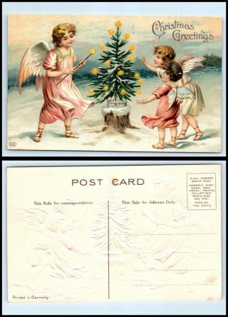 Early Postcard " Christmas Greetings " Angel & 2 Children Embossed - N28
