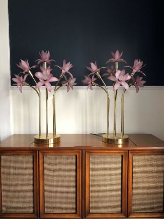 Pair Mid Century Modern Brass/acrylic Flower Table Lamps Rougier Style
