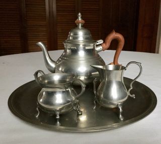 Stieff Colonial Williamsburg 3 - Piece Pewter Tea Set With Tray