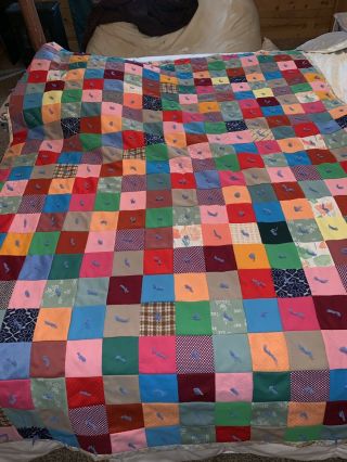 1960s Vintage Hand Tied Recycled Fabric Square Patchwork Quilt Unique Colorful