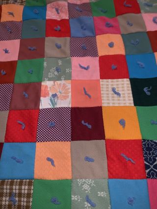 1960s Vintage Hand Tied Recycled Fabric Square Patchwork Quilt Unique Colorful 2