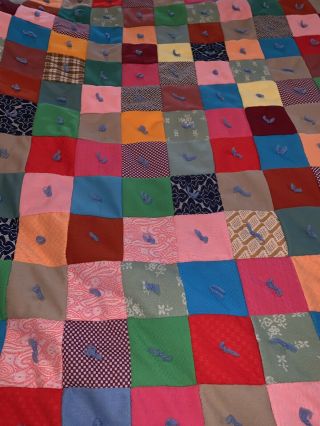 1960s Vintage Hand Tied Recycled Fabric Square Patchwork Quilt Unique Colorful 3