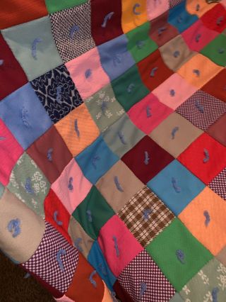 1960s Vintage Hand Tied Recycled Fabric Square Patchwork Quilt Unique Colorful 4