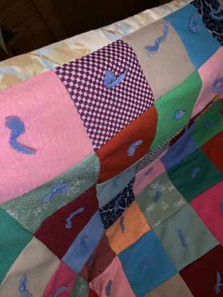 1960s Vintage Hand Tied Recycled Fabric Square Patchwork Quilt Unique Colorful 5