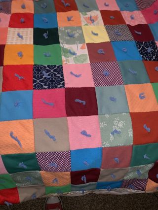 1960s Vintage Hand Tied Recycled Fabric Square Patchwork Quilt Unique Colorful 6