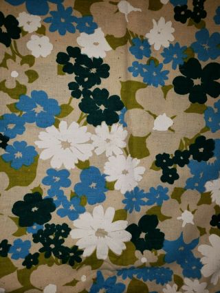 Vtg Barkcloth Cotton Linen Fabric Green Blue White Floral 60 " X 82 "