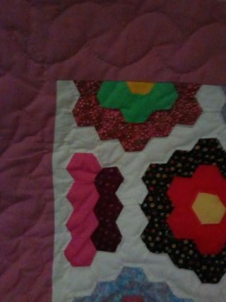 Grandmother ' s Flower Garden Full Size Quilt Hand Stitched and Quilted 5