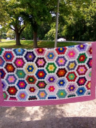 Grandmother ' s Flower Garden Full Size Quilt Hand Stitched and Quilted 6
