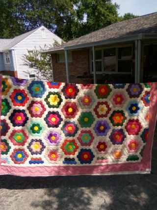 Grandmother ' s Flower Garden Full Size Quilt Hand Stitched and Quilted 7