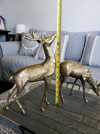 Vintage Solid Brass Grazing Deer And Buck Statue Large Pair