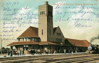 C1907 Postcard; Grand Trunk Railway Station Depot Brantford On Canada Posted