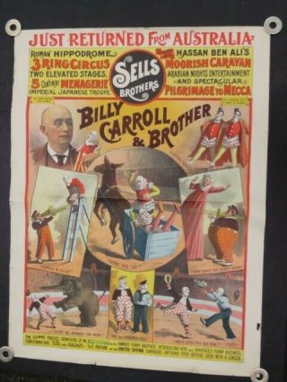 Ebab Sells Bros.  Circus Poster 1892 Billy Carroll & Brother Strobridge Clowns