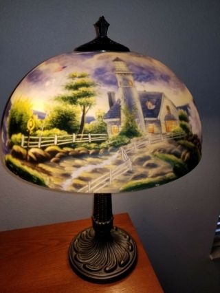 Thomas Kinkade Reverse Painted Table Lamp  A Light In The Storm "