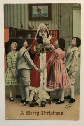 Long Robe Santa Claus With Children Antique Photo Christmas Postcard - K217