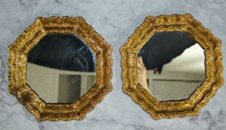 Vintage Syroco Type Small Gold Colored Octagon Wall Mirrors 6 - 1/2 "
