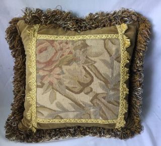 Floral Aubusson Tapestry Throw Pillow Gold Velvet Cover Loop Fringe Down Insert