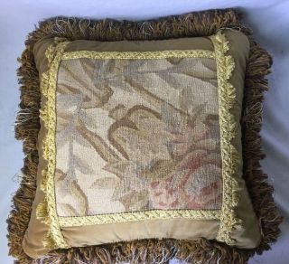 Floral Aubusson Tapestry Throw Pillow Gold Velvet Cover Loop Fringe Down Insert 5