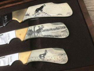 1982 Kershaw Knife - Scrimshaw Set Of 3 Knives In The Box