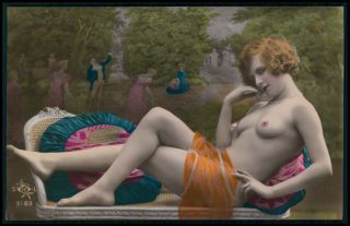 French Nude Woman Reclining Beauty 1920s Tinted Color Photo Postcard Cc