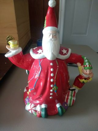 2001 Mary Engelbreit Merry Christmas Tea Pot Santa And Elves Decoration Rare