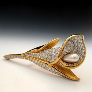 Swan Signed Swarovski Crystal Calla Lily Flower 22k Gold Plated Pin Brooch