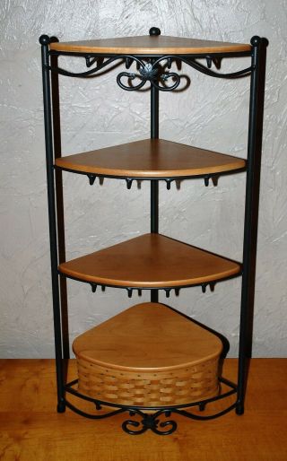 Longaberger Wrought Iron Large Corner Stand Rack & 3 Woodcraft Shelves & Basket