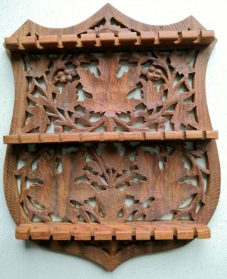 Wooden Wall Hanging Collector Spoon Holder Hand Carved Leaf Design 29 Slots