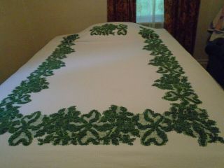 Vintage Bates Woven Cotton Bedspread - Embossed Elaborate Pattern - White - Green1950