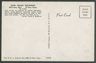 El Paso TX: c.  1950s Postcard CAPRI ITALIAN RESTAURANT,  6972 Hwy 80 E.  NEON Sign 2