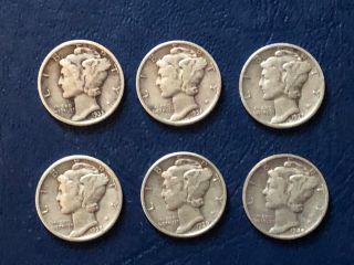 Six Mercury Dimes - 1935,  1936,  1937,  1938,  1939,  1940 - All Rated F - Vf D