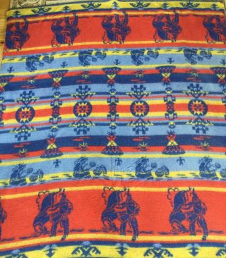Vintage Western Camp Blanket Indian Horse Pottery Teepee Blue Yellow Red