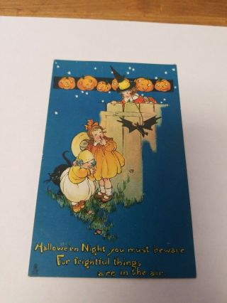 Tuck Halloween Postcard - Children W Pumpkins,  Black Cat,  Bat,  Whiches Hat,