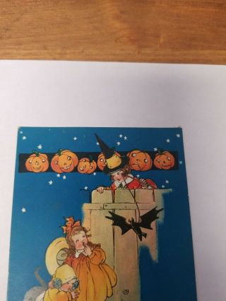Tuck Halloween Postcard - Children w Pumpkins,  Black Cat,  Bat,  Whiches Hat, 2