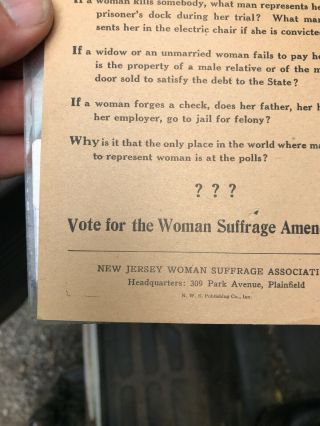 VERY RARE Vote For Woman Suffrage Amendment Jersey Flyer 7