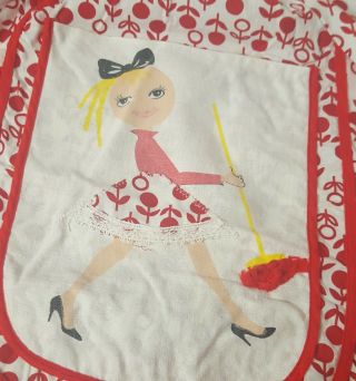 Vintage Half Apron Front Pocket Woman Sweeping Red Flowers 17 " Long