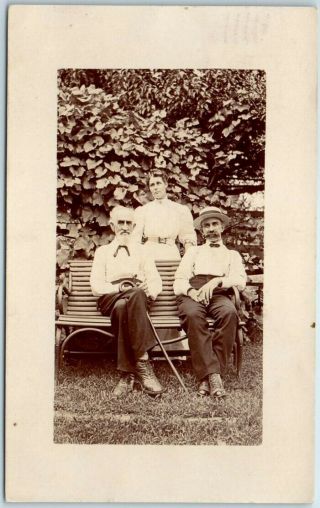 1908 Mount Vernon Il Rppc Photo Postcard 2 Old Guys On Park Bench,  Woman Behind