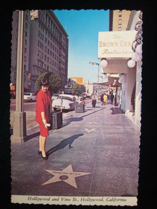 Hollywood Ca The Brown Derby Star Studded Sidewalk Charlton Heston Star Postcard