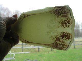 Pair Antique VASELINE Custard Pressed Pattern GLASS LAMP SHADES Globes 2