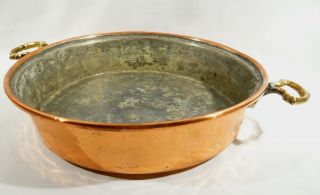 Antique French 16 Inch Copper Jam Preserving Pan Forged Brass Handled Flat Pot